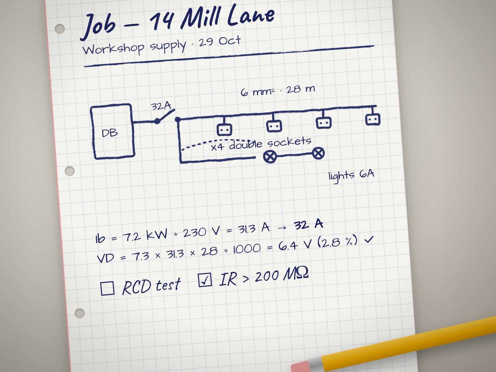 A handwritten job page: a wiring schematic, cable calculations and a test checklist for a workshop supply