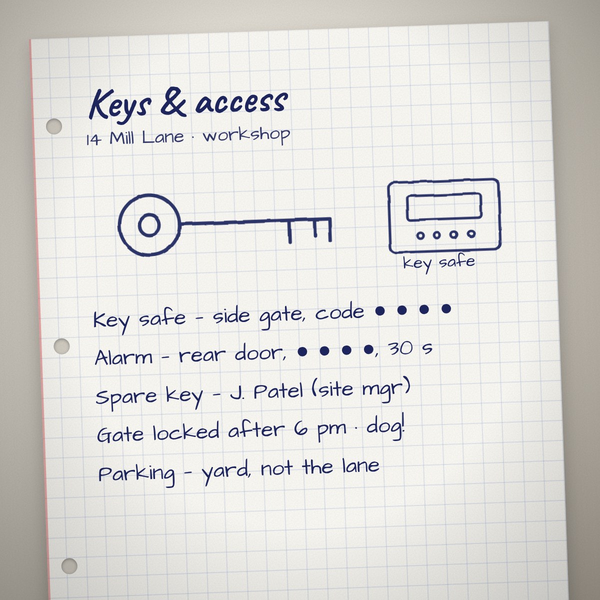 A handwritten keys-and-access page with a sketched key and key safe